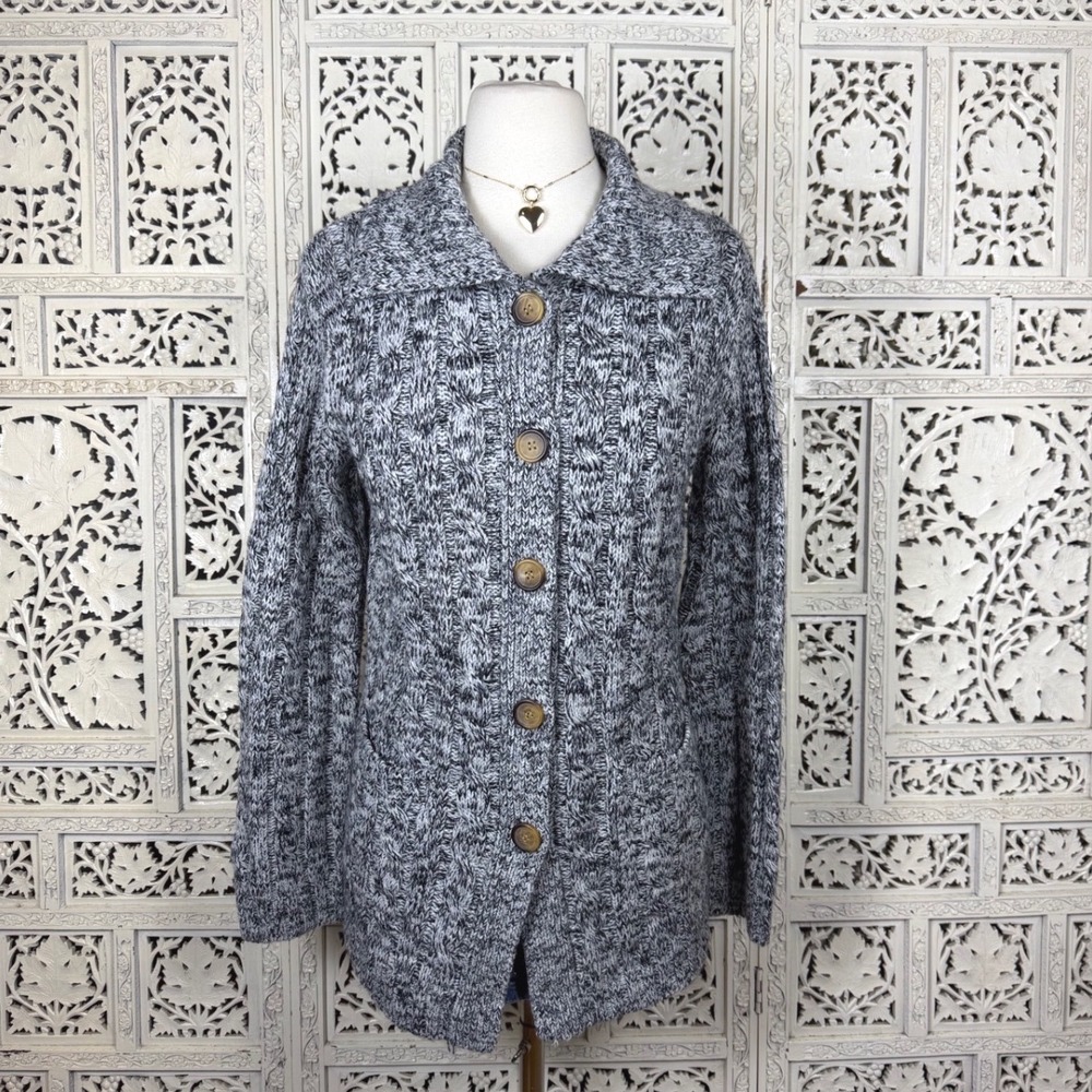 Debbie Morgan Black & Gray‎ Marled Cable Knit Long Button Up Collared Cardigan